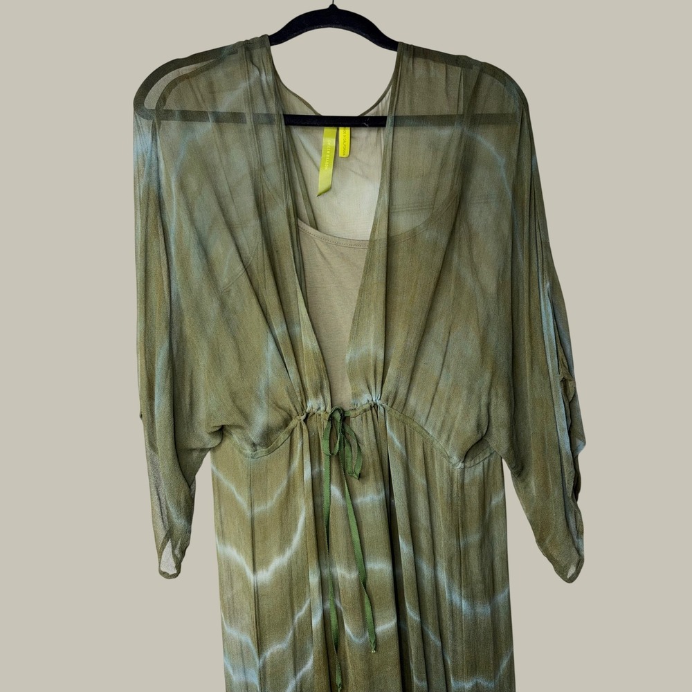 Green Dragon Tie Dye Maxi Dress Olive Green Boho Sheer Overlay Slip Dress L